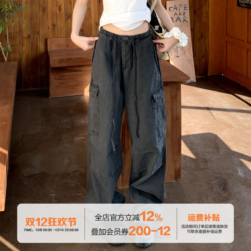 复古灰色水洗工装牛仔裤女春季