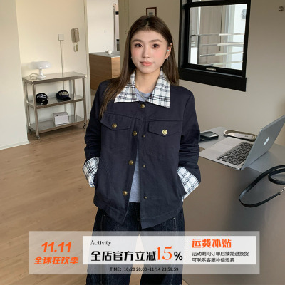 橘子树在哪儿格子拼接翻领外套女
