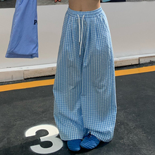 橘子树在哪儿复古蓝色格子休闲裤女春季松弛感宽松显瘦松紧腰裤子