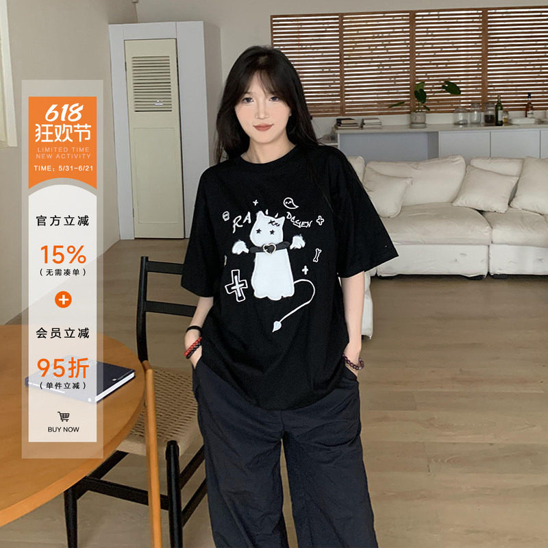 橘子树在哪儿甜酷猫咪植绒短袖T恤女夏季宽松百搭可爱情侣款上衣