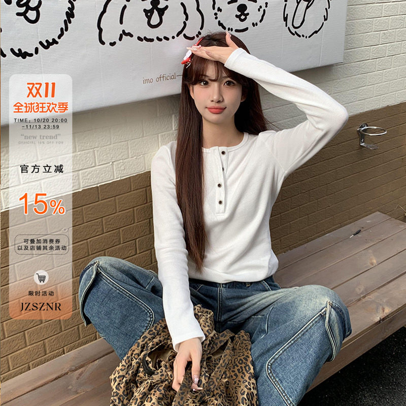 橘子树在哪儿纯欲风排扣长袖t恤女秋季款显瘦打底衫百搭纯色上衣