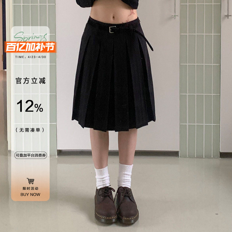 橘子树在哪儿黑色五分半身裙女春夏学院风百搭显瘦气质a字百褶裙