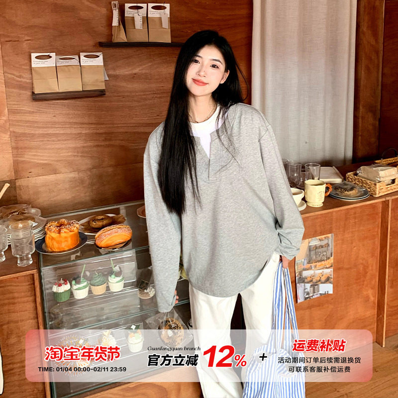 【限时价】橘子树在哪儿复古撞色假两件V领长袖t恤女秋内搭打底衫,女装/女士精品,T恤,淘宝优惠券,粉丝福利购,淘宝优惠卷