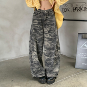 弯刀裤 橘子树在哪儿美式 阔腿休闲街头工装 女秋季 子 复古迷彩牛仔裤