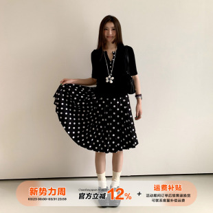 橘子树在哪儿复古波点百褶半身裙女夏季 高腰宽松显瘦气质百搭中裙