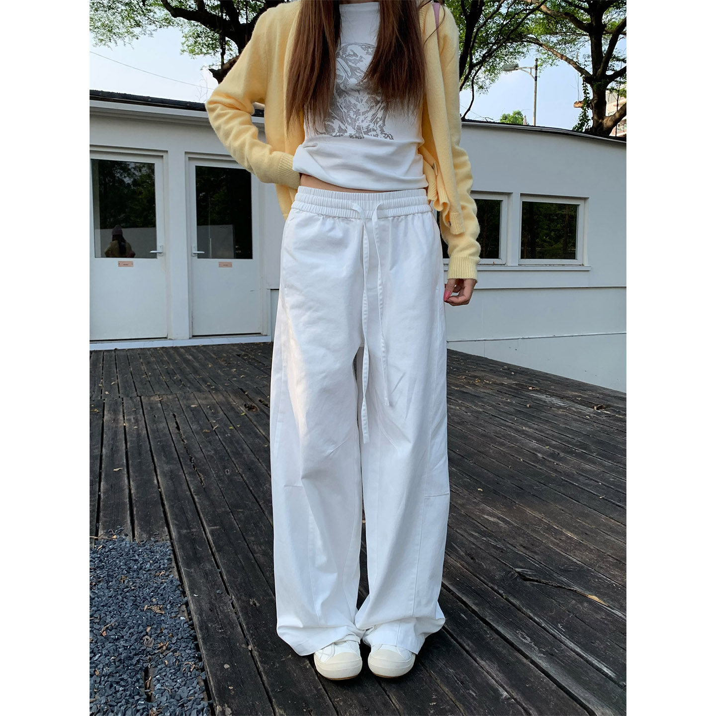 橘子树在哪儿复古抽绳黑白休闲裤女秋季纯棉宽松运动显瘦百搭裤子