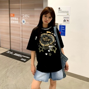 T恤女夏季 橘子树在哪儿蕾丝爱心蛋糕短袖 甜美设计感宽松纯棉上衣