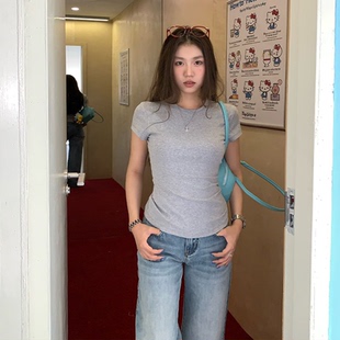 t恤女春夏设计感收腰显瘦修身 橘子树在哪儿正肩短袖 弹力百搭上衣