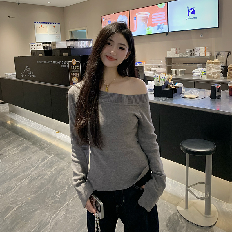 橘子树在哪儿灰色斜肩长袖针织衫