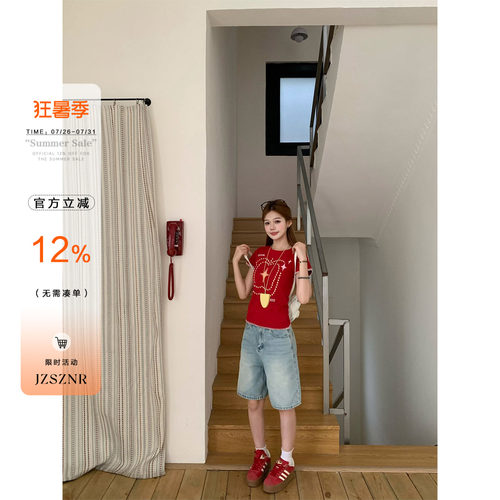 橘子树在哪儿美式复古蓝色牛仔五分裤女夏季宽松直筒百搭显瘦中裤