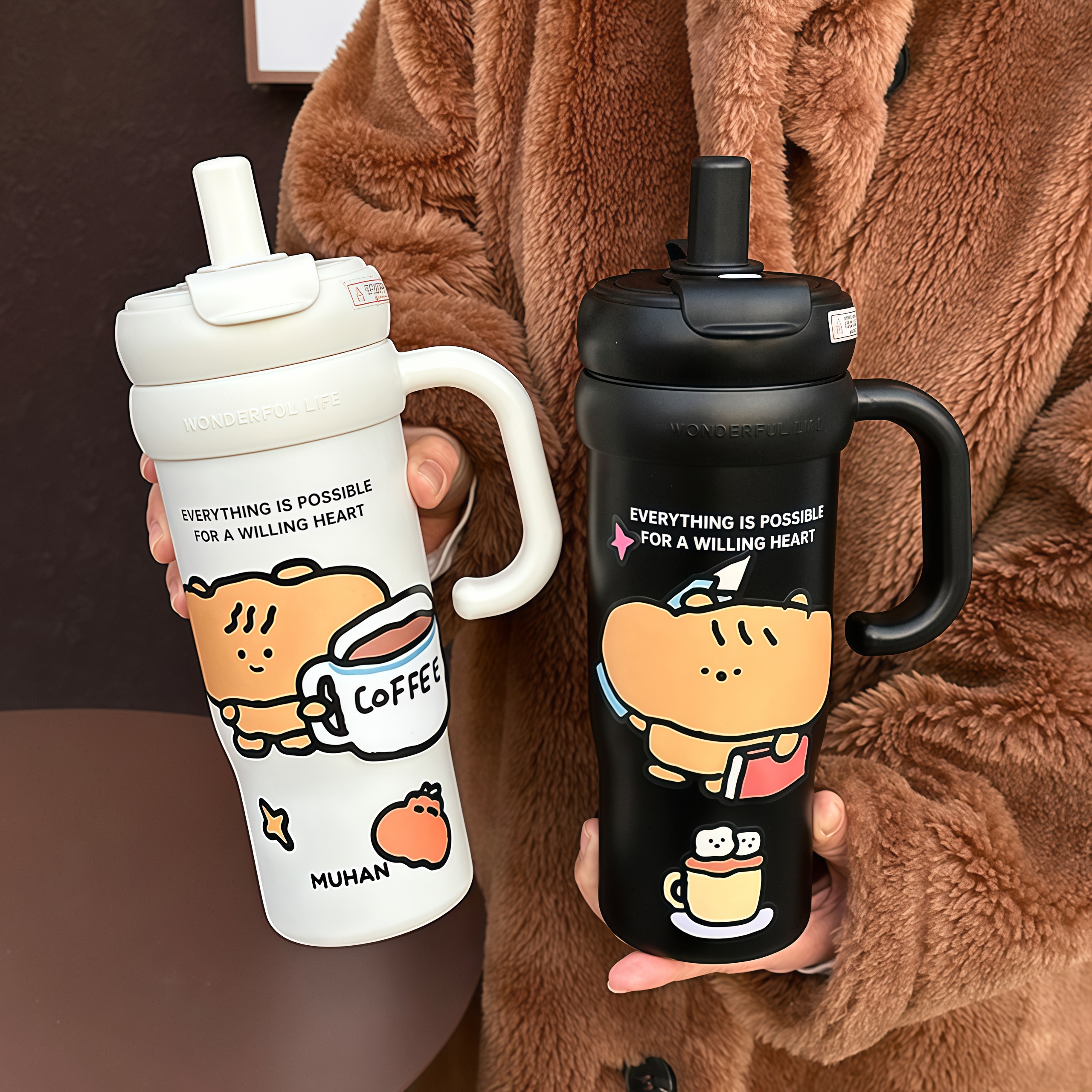 沐韩陶瓷保温杯女新款冰霸杯大容量水杯办公室吸管水杯车载杯子男