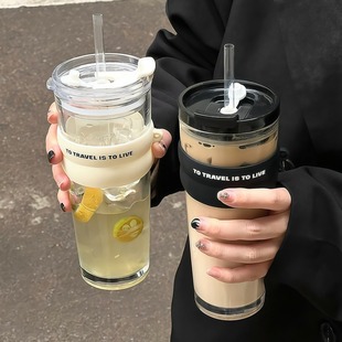 沐韩女生办公室咖啡杯高颜值大容量耐高温玻璃杯男双饮吸管水杯子