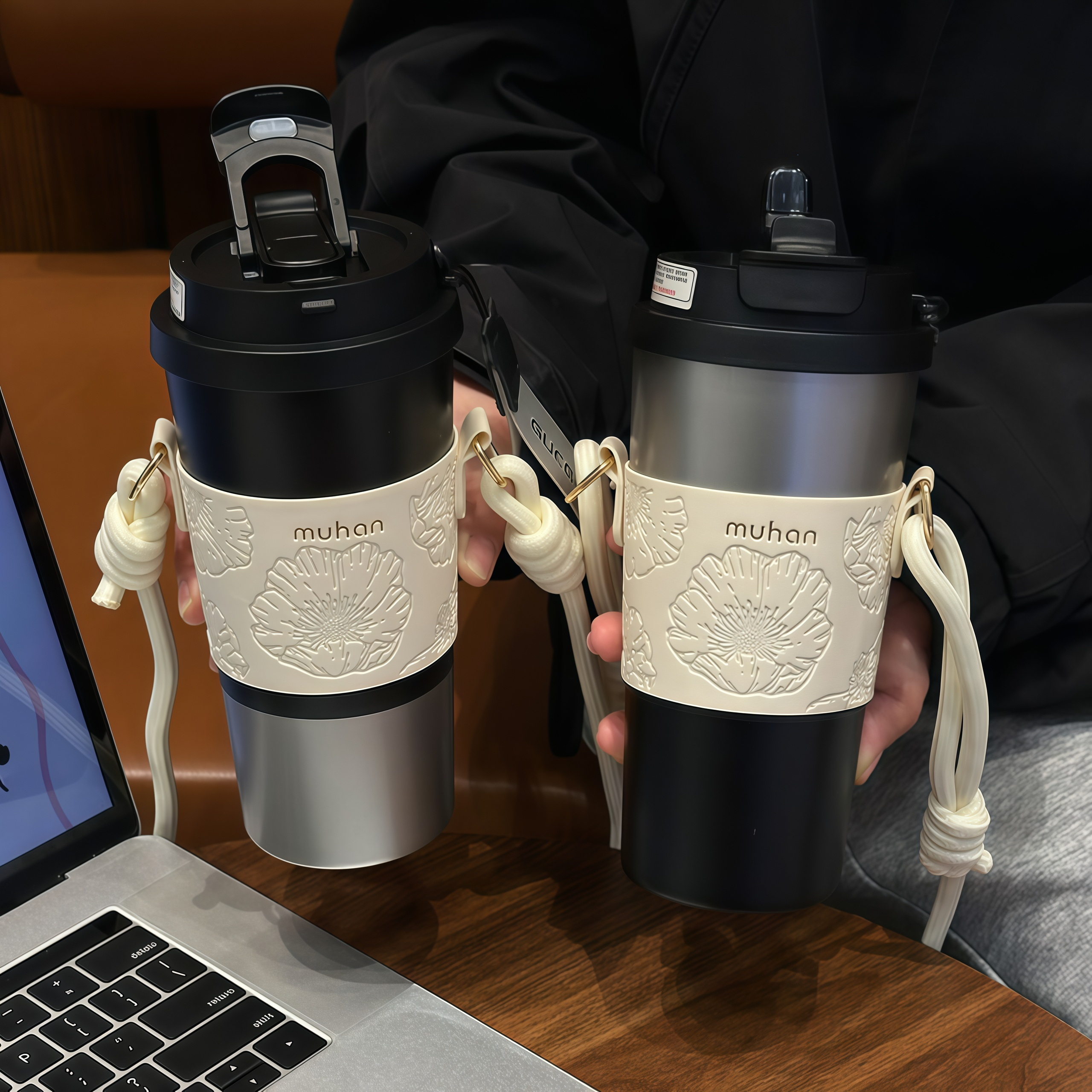 沐韩高颜值保温杯大容量背带水杯女生办公室咖啡杯吸管水杯男茶杯