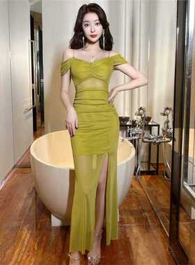 黑色性感一字肩连衣裙长裙低胸露背修身开叉包臀吊带裙夜总店女装