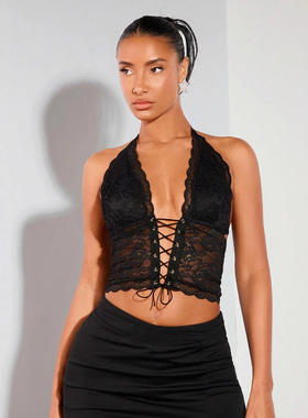 亚马逊货源欧美V型挂脖绑带花边蕾丝透视夜店内衣DFYY122