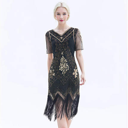 亮片连衣裙1920S流苏礼服裙欧美宴会派对晚宴欧美亚马逊爆款