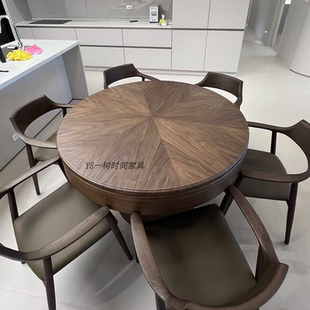 复古可变大变小旋转伸缩岩板圆餐桌多功能家用小户型弗莱彻变形
