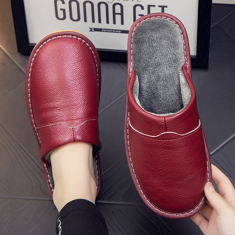 头层牛皮海宁真皮棉拖鞋男女秋冬季居家居拖鞋室内厚底情侣皮拖鞋