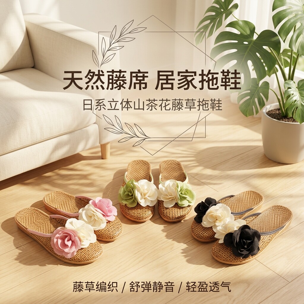 夏季新款花朵拼接编织拖鞋女居家室内防滑透气软底静音家居凉拖鞋