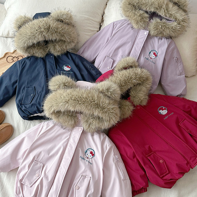 抗寒女童加厚派克服2025冬季新款KT猫加绒外套儿童冬季洋气棉服