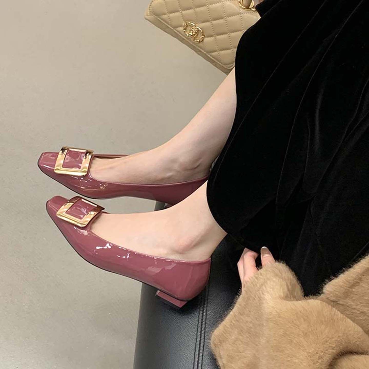 2026早春新款百搭低跟方扣单鞋女粗跟方头浅口平底鞋工作鞋通勤鞋,女鞋,浅口单鞋,淘宝优惠券,粉丝福利购,淘宝优惠卷