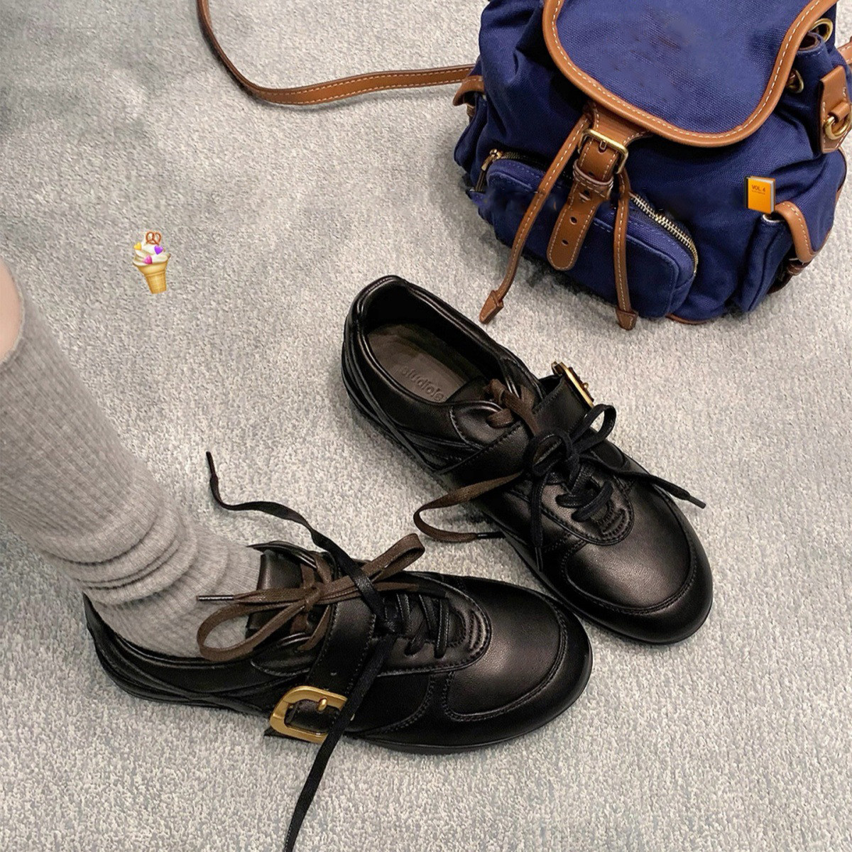 皮带扣双鞋带美式复古德训鞋女秋