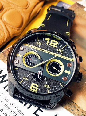 minifocus时尚潮流日本机芯机械风多功能大表盘复古皮带个性腕表