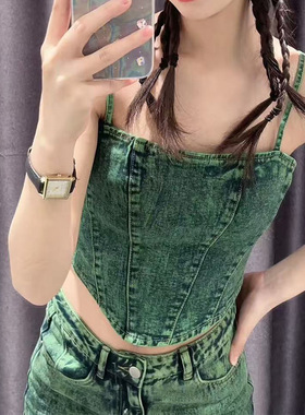 复古绿色牛仔吊带背心女 夏季辣妹收腰鱼骨短款内搭外穿抹胸上衣