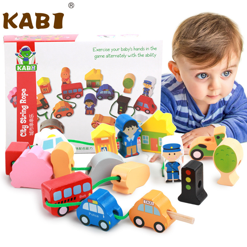 儿童DIY木制串珠玩具宝宝益智力早教认知串串乐城市穿线串绳积木