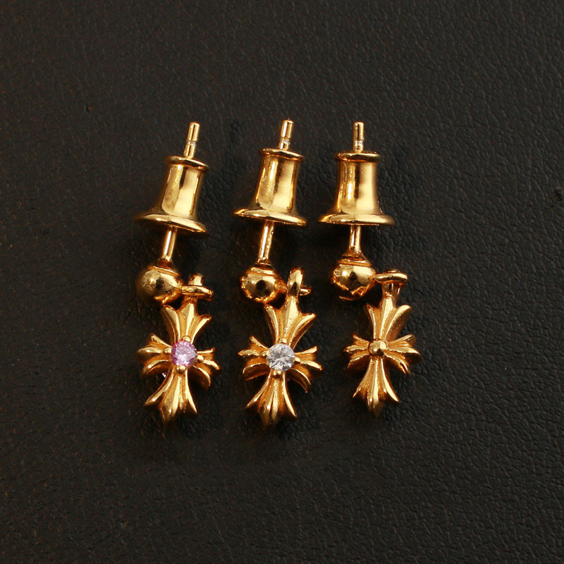 一休老银匠S925纯银 镀金小十字花耳钉 耳坠 潮流朋克风格 男女款