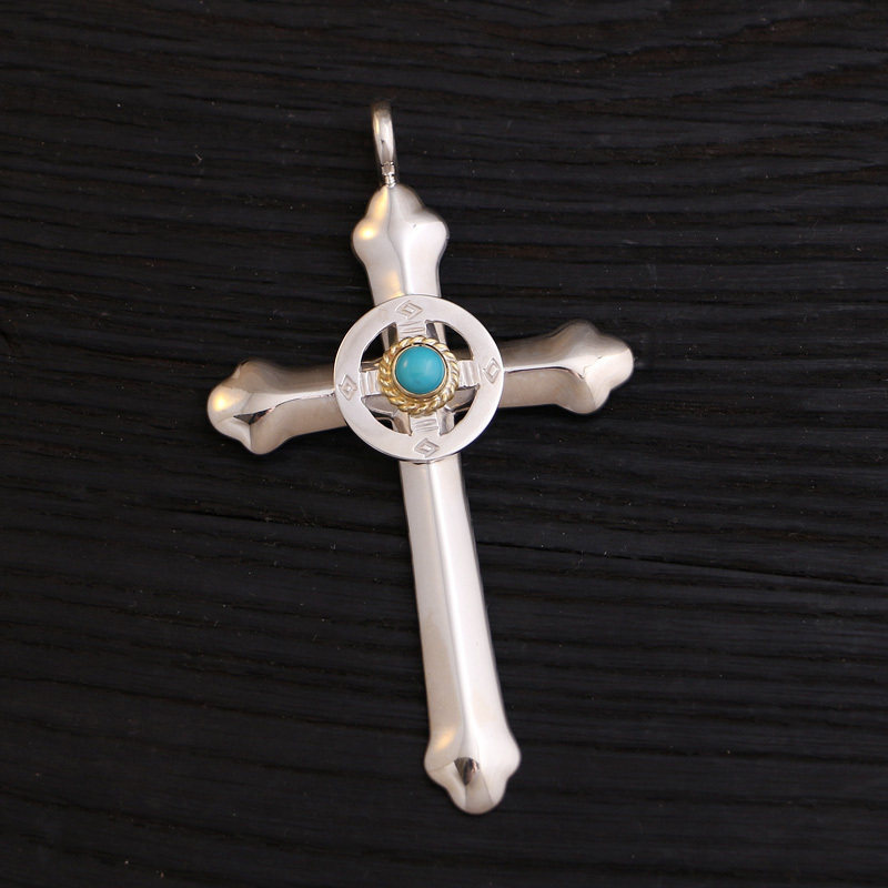 一休高桥吾郎  925纯银镶十字轮天然美松十字架项链吊坠