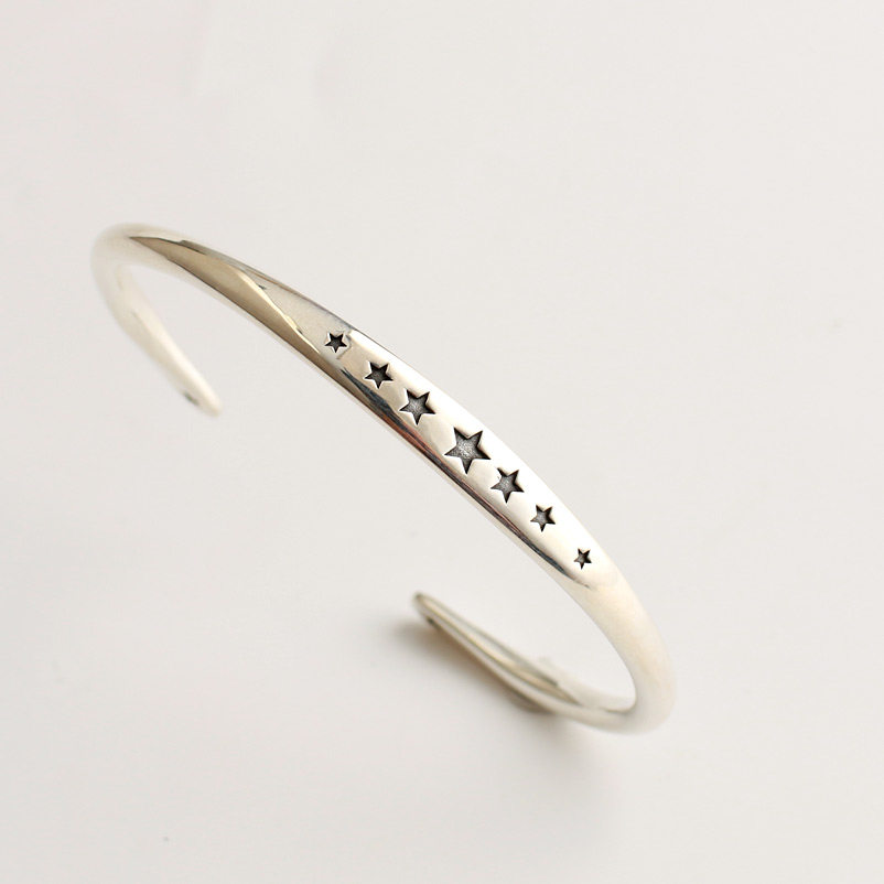 一休老银匠手工制作925纯银amp 五角星 银手镯 男女款 个性手环