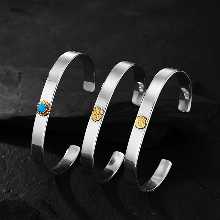 一休高桥吾郎 925纯银 铜绳松石 飞鸟 蔷薇花 平打手镯 细款手镯