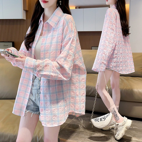 大码女装格子轻薄款衬衫女夏季新款韩版宽松百搭外穿防晒上衣外套