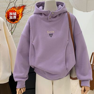 大码女装设计感加绒连帽卫衣女秋冬新款韩版宽松百搭加厚紫色上衣