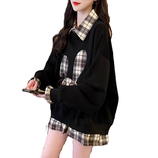 格子拼接假两件加绒卫衣女秋冬季新款韩版宽松薄款大码设计感上衣