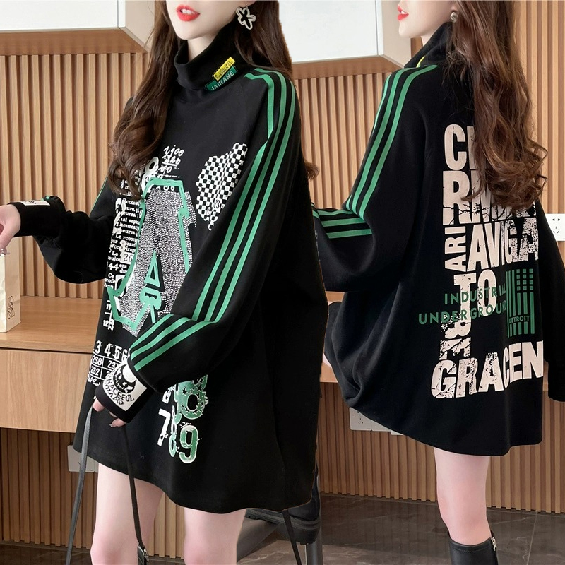 字母印花中长款德绒长袖T恤女秋冬季新款韩版宽松内搭上衣打底衫