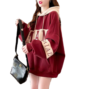 拼色连帽设计感加绒加厚卫衣女秋冬新款韩版宽松百搭大码红色上衣