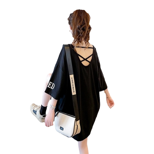 网红露背中长款短袖T恤女2026夏季新款韩版宽松大码炸街上衣潮ins