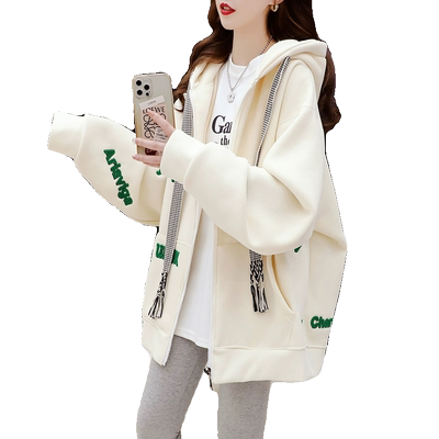 刺绣字母设计感连帽加绒外套女