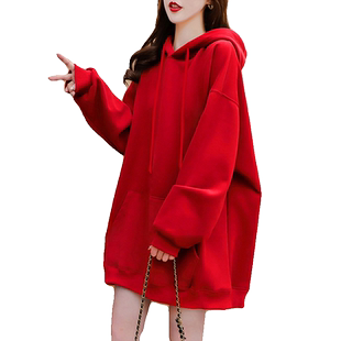 大红色连帽加绒加厚卫衣女秋冬新款韩版宽松百搭纯色新年上衣外套