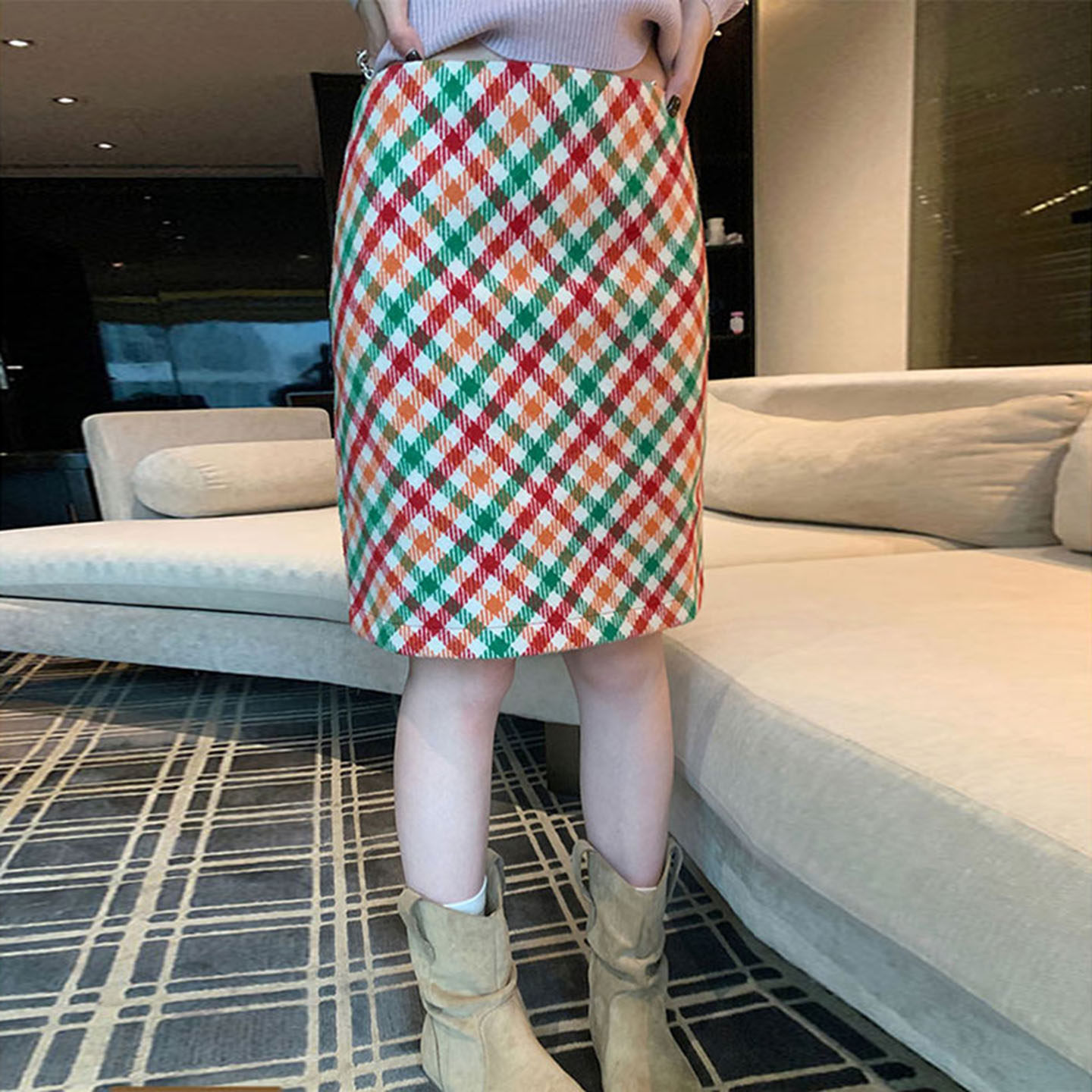 新年穿搭撞色彩虹格纹半身裙子女