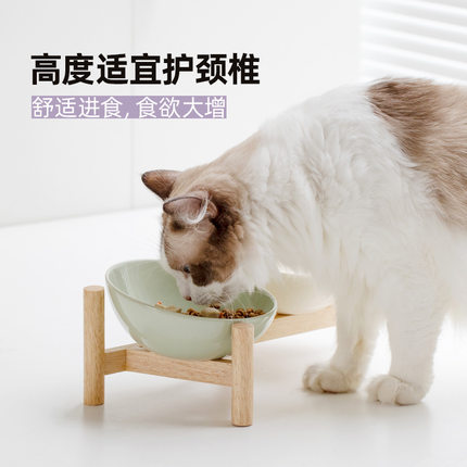 宠物碗猫咪斜口碗护颈喝水双碗食盆扁脸高脚实木碗防打翻狗狗饭碗