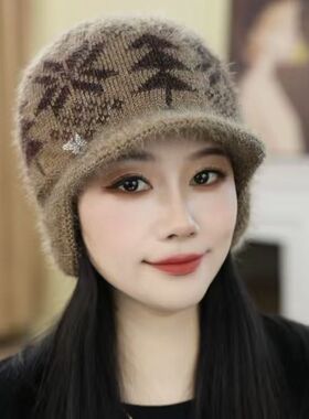 中老年女士帽子提花护耳冬季妈妈加厚保暖针织毛线帽加绒奶奶