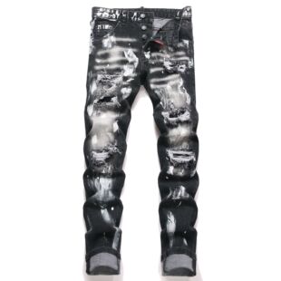 欧美潮牌冬季新款男士黑灰色泼墨涂鸦破洞牛仔裤男弹力修身乞丐裤