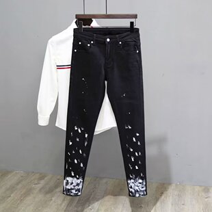 美式泼墨牛仔裤男手工涂鸦弹力修身高街复古潮牌长裤时尚喷漆印花