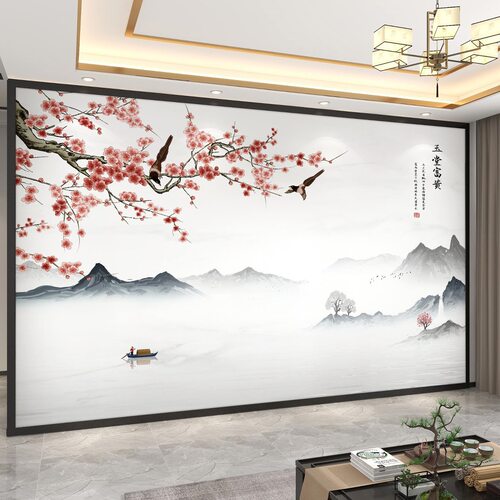 定制新中式电视背景墙壁纸国风花鸟壁画3D立体壁布8d客厅影视墙布