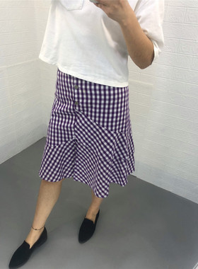 韩版米蔻百家好女式半身裙子夏季新款格子纯棉中长裙HSSK325E