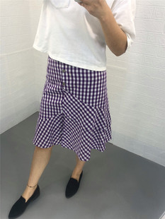 新款 韩版 米蔻百家好女式 半身裙子夏季 格子纯棉中长裙HSSK325E