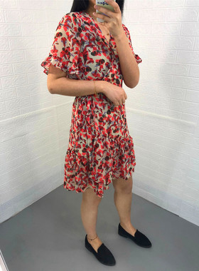 米蔻百家好夏季新款韩中长款收腰碎花V领女式连衣裙子HTOP521E